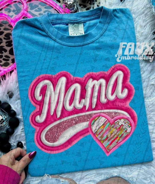 Mama embroidered with tie dye football heart 25469 DTF transfer
