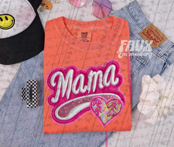 Mama embroidered with tie dye baseball and softball heart 25468 DTF transfer