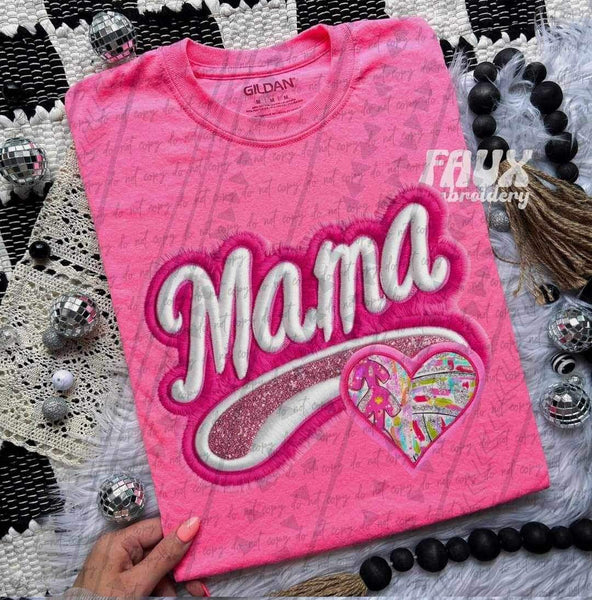 Mama embroidered with tie dye baseball and volleyball heart 25467 DTF transfer