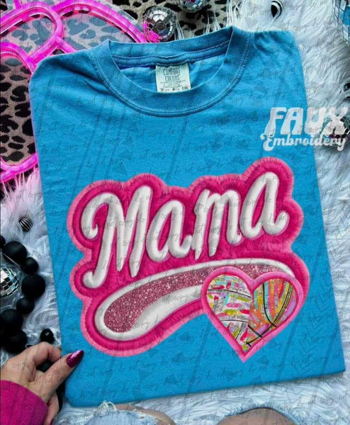 Mama embroidered with tie dye volleyball and basketball heart 25466 DTF transfer