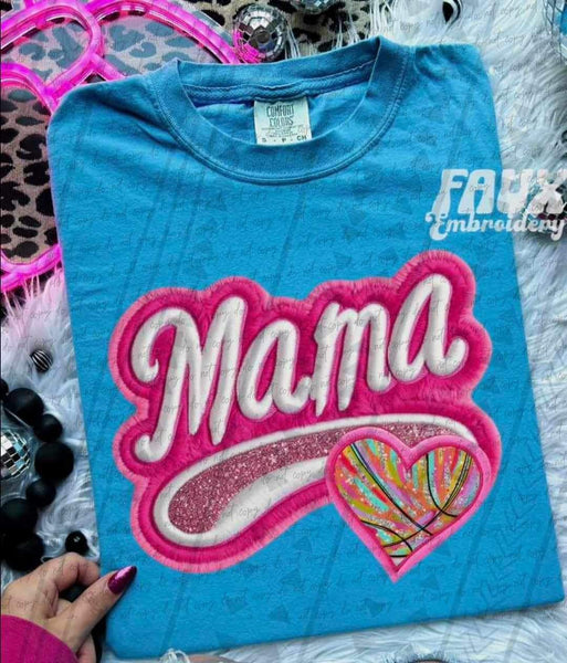 Mama embroidered with tie dye basketball heart 25465 DTF transfer