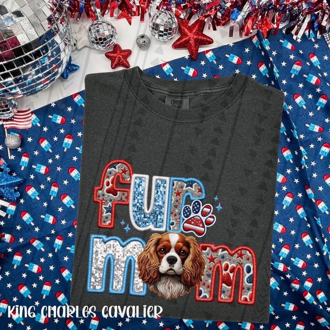 Fur mom King Charles cavalier patriotic embroidery 35489 DTF transfer