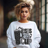 Jesus fills my cup (black and grey embroidered sequin with black leopard cup) 15587 DTF Transfer