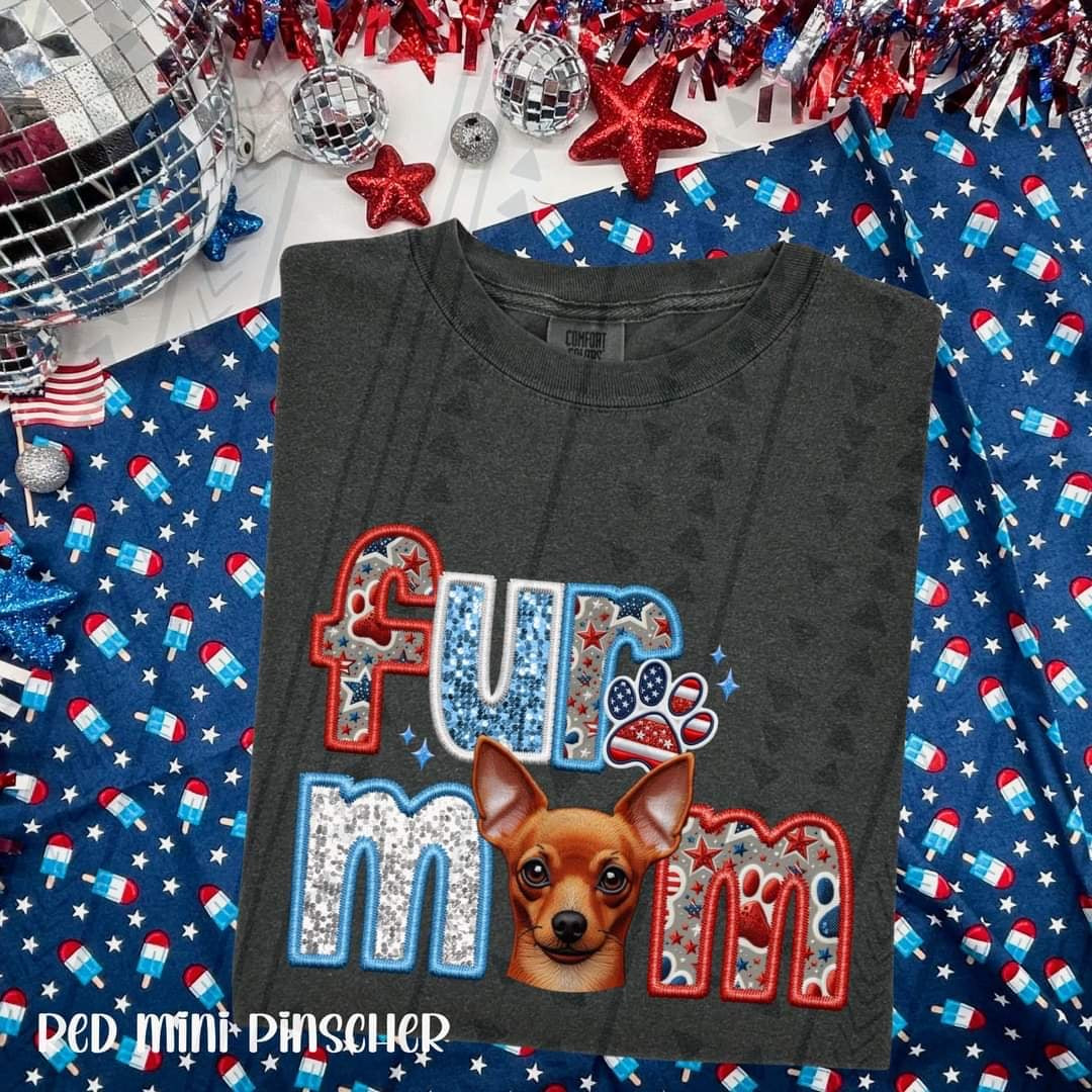 Fur mom red mini pinscher patriotic embroidery 35488 DTF transfer