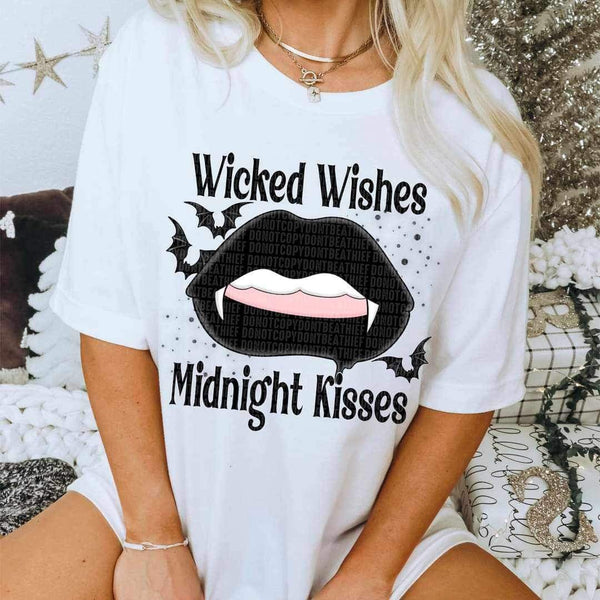 Wicked wishes midnight kisses (black font and lips with bats) 15589 DTF Transfer