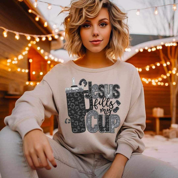 Jesus fills my cup (black and grey embroidered sequin with black leopard cup) 15587 DTF Transfer