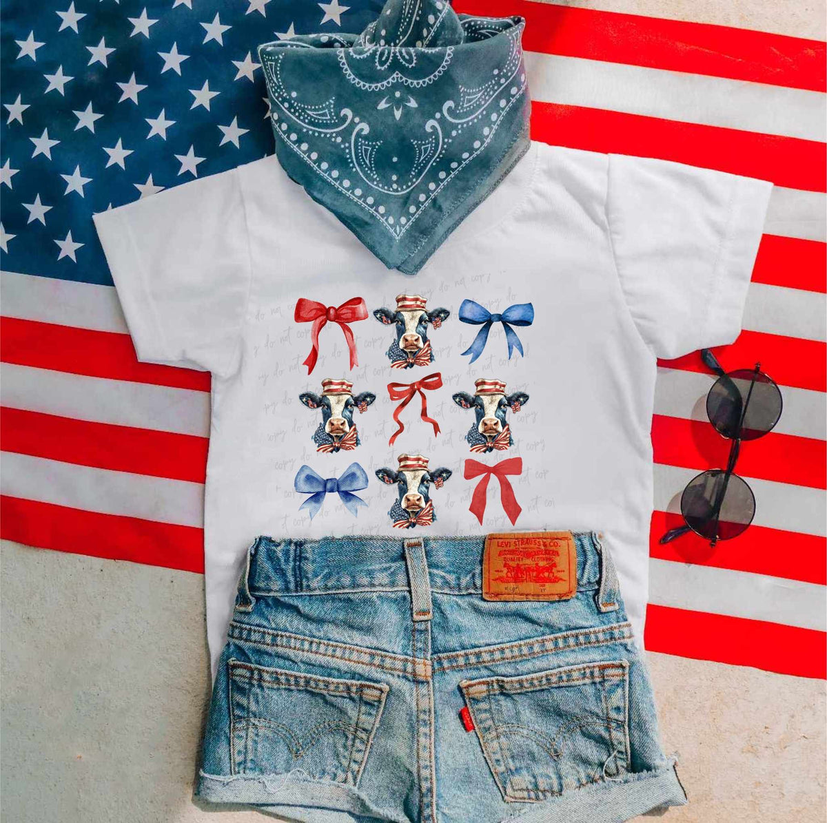 Patriotic shaggy cow and bow collage 35564 DTF transfer