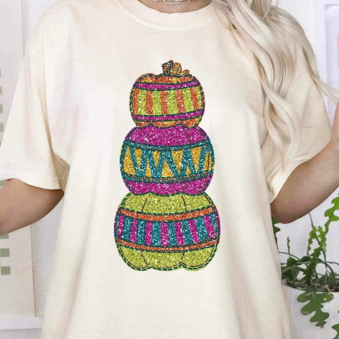 Stacked patterned pumpkins with sequin 15577 DTF Transfer