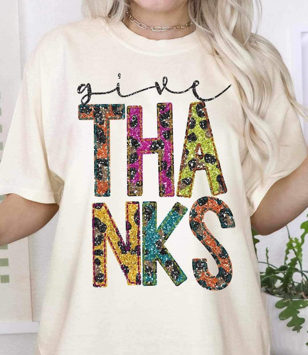 Give thanks (sequin with multi color leopard font) 15576 DTF Transfer
