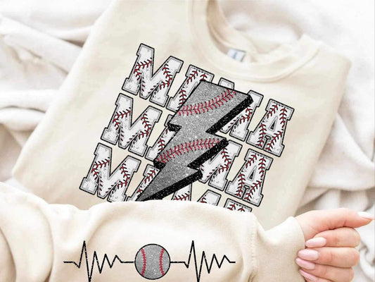 Mama stacked baseball font sequin lightning bolt FRONT (WSB) 25594 DTF transfer