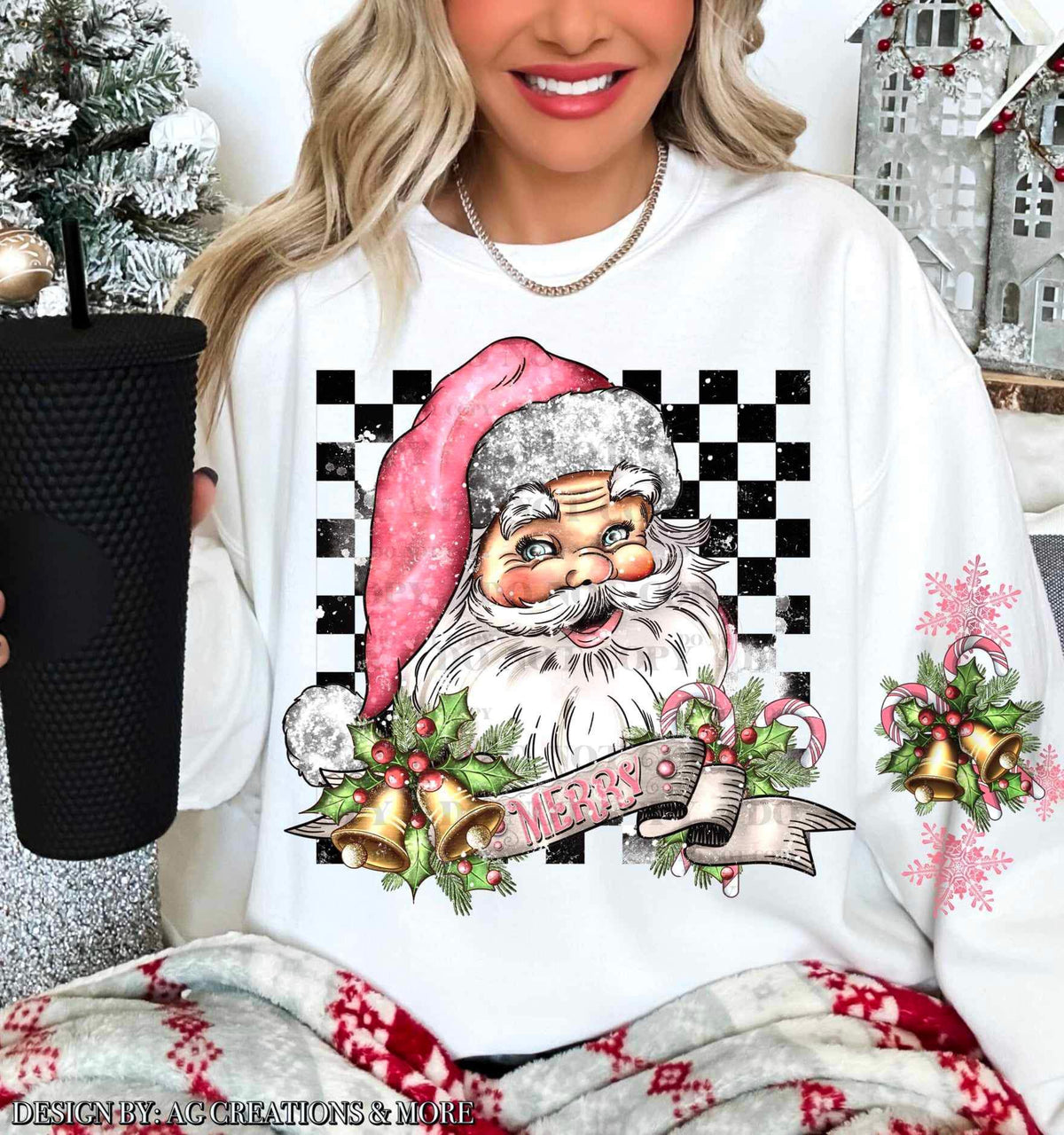 Merry (pink santa with bells and checkered background) FRONT ONLY 15677 DTF Transfers