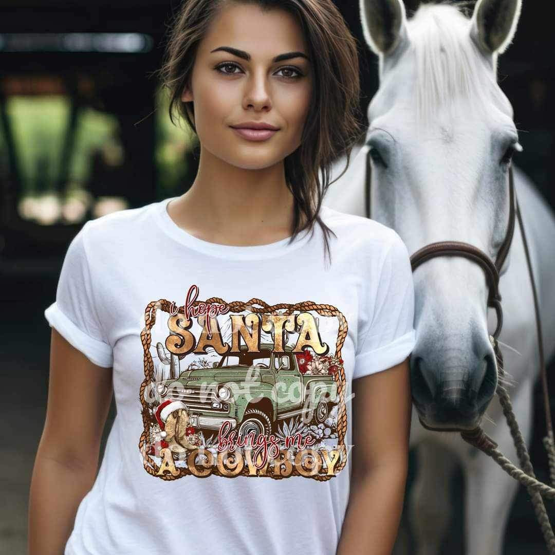 I hope santa brings me a cowboy (roped frame with truck and cowboy boots with santa hat) 15661 DTF Transfers