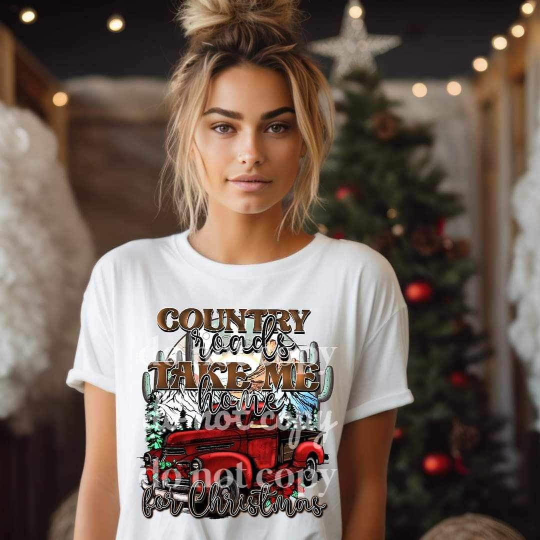 Country roads take me home for Christmas (red truck with snowy mountains) 15658 DTF Transfers