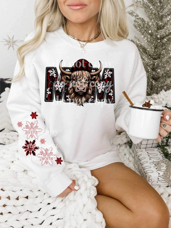 Mom (red and black embroidered with shaggy cow wearing beanie) FRONT ONLY 15646 DTF Transferd
