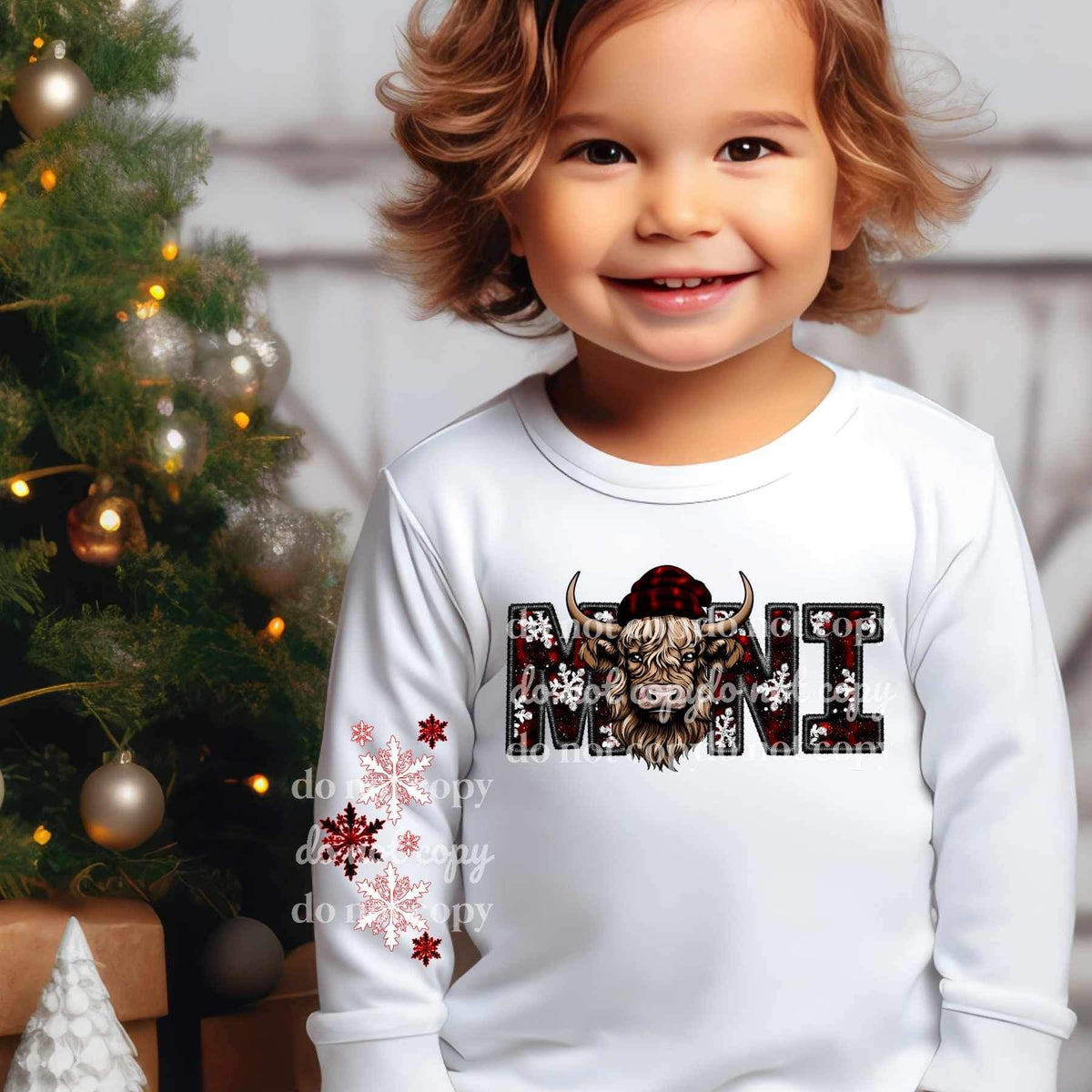 Mini (red and black embroidered with shaggy cow wearing beanie) FRONT ONLY 15647 DTF Transferd