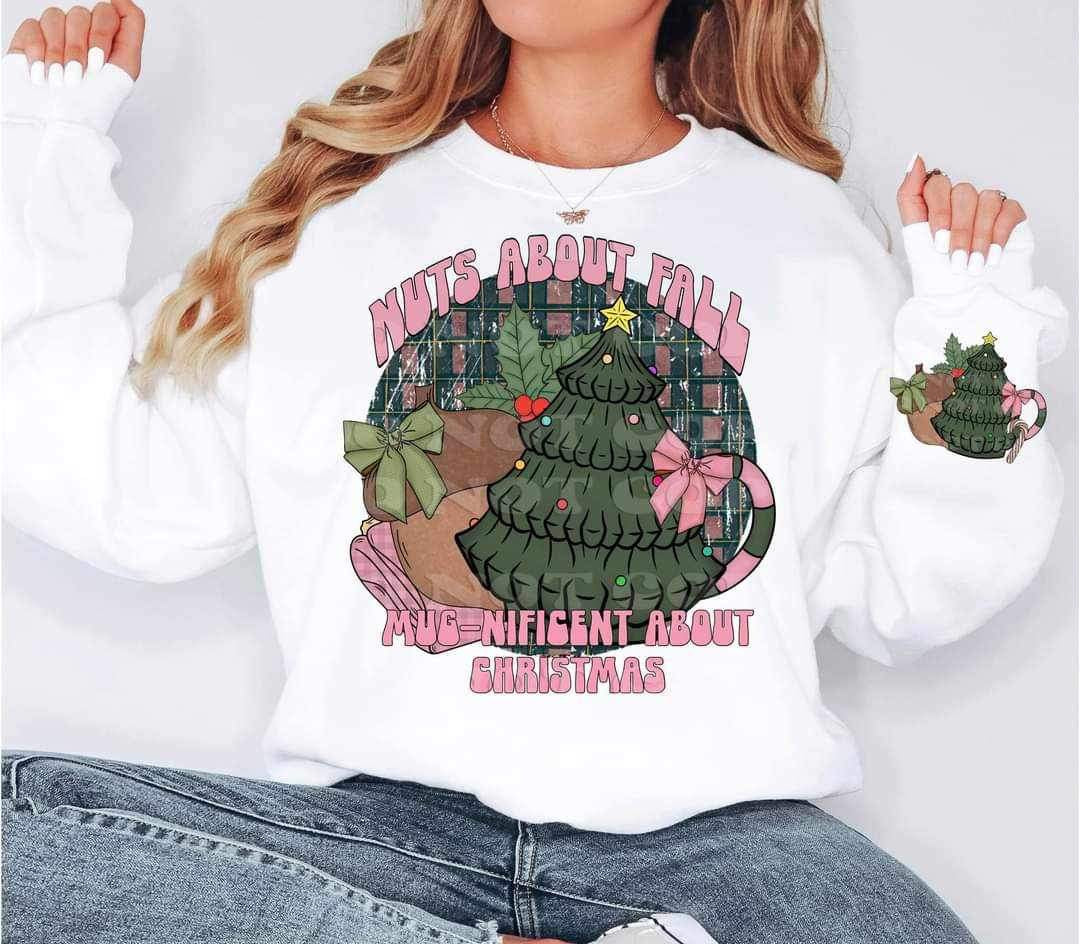Nuts about fall mug-ficient about Christmas (circle with Christmas mug, acorn with bow, pink blanket) 15644 DTF Transferd