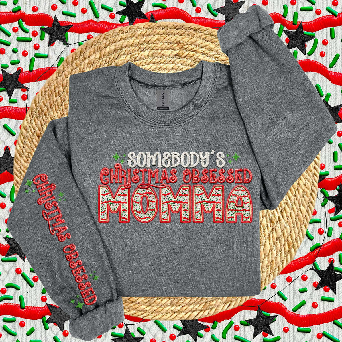 Somebody’s Christmas obsessed momma FRONT (HW) 67999 DTF transfer