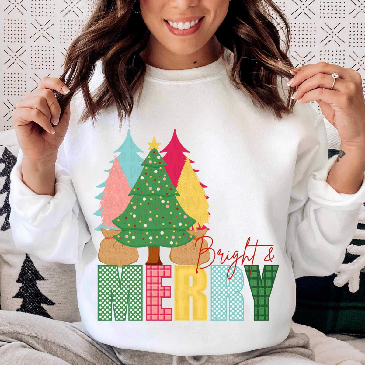 Bright and merry (colorful patterned font with colorful trees) 15742 DTF Transfers
