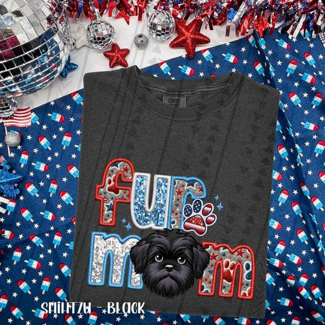 Fur mom black shih tzu patriotic embroidery 35734 DTF transfer
