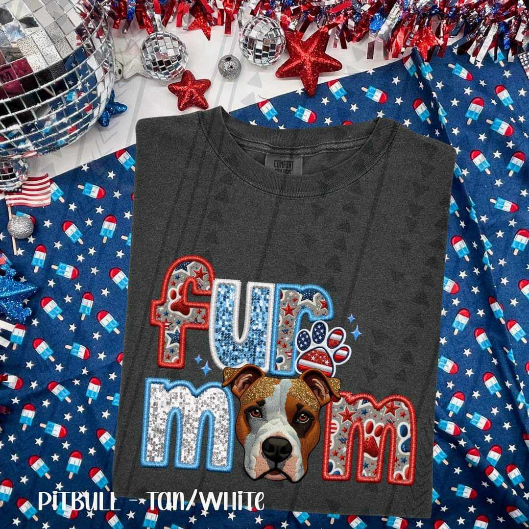Fur mom white brown pitbull patriotic embroidery 35733 DTF transfer