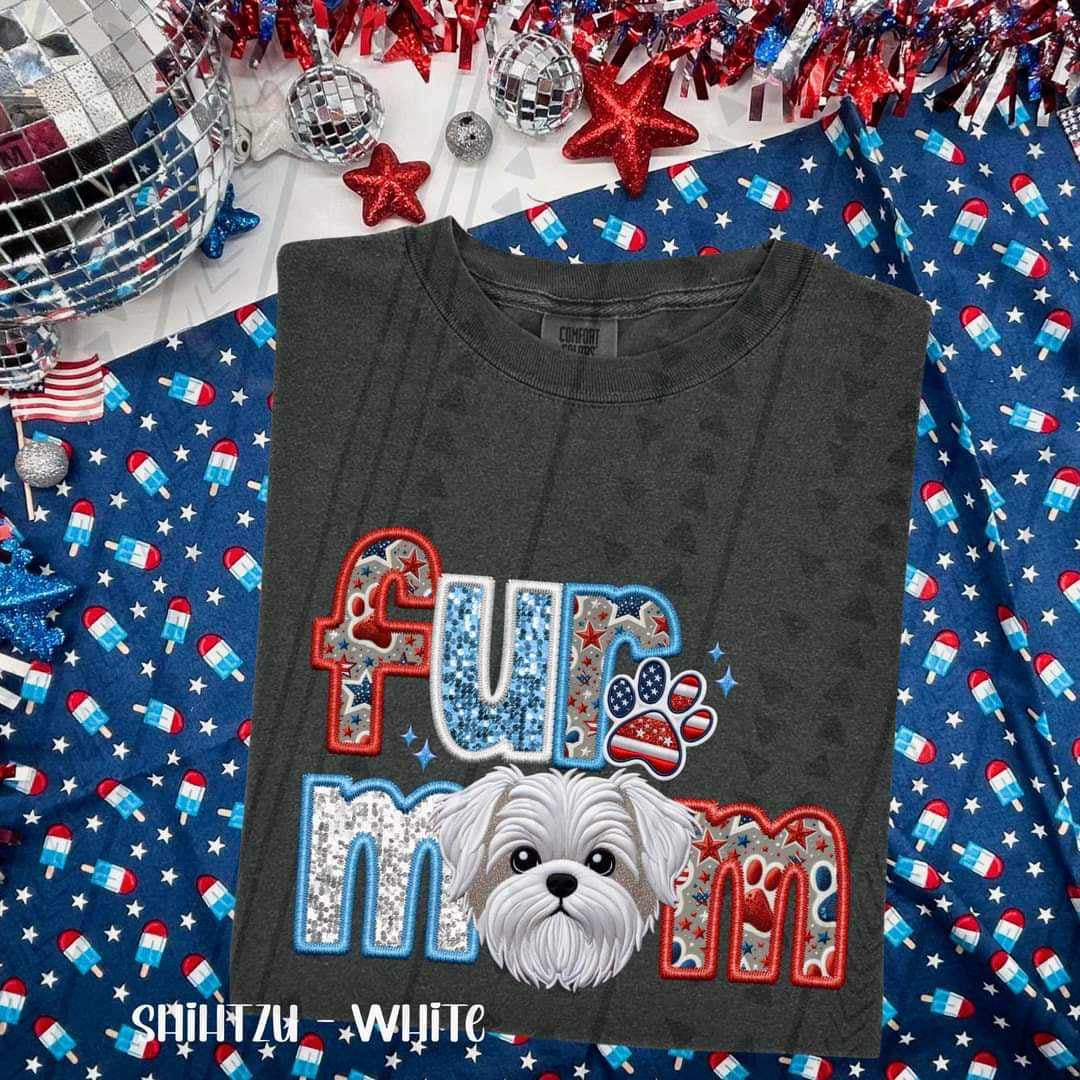 Fur mom white shih tzu patriotic embroidery 35732 DTF transfer