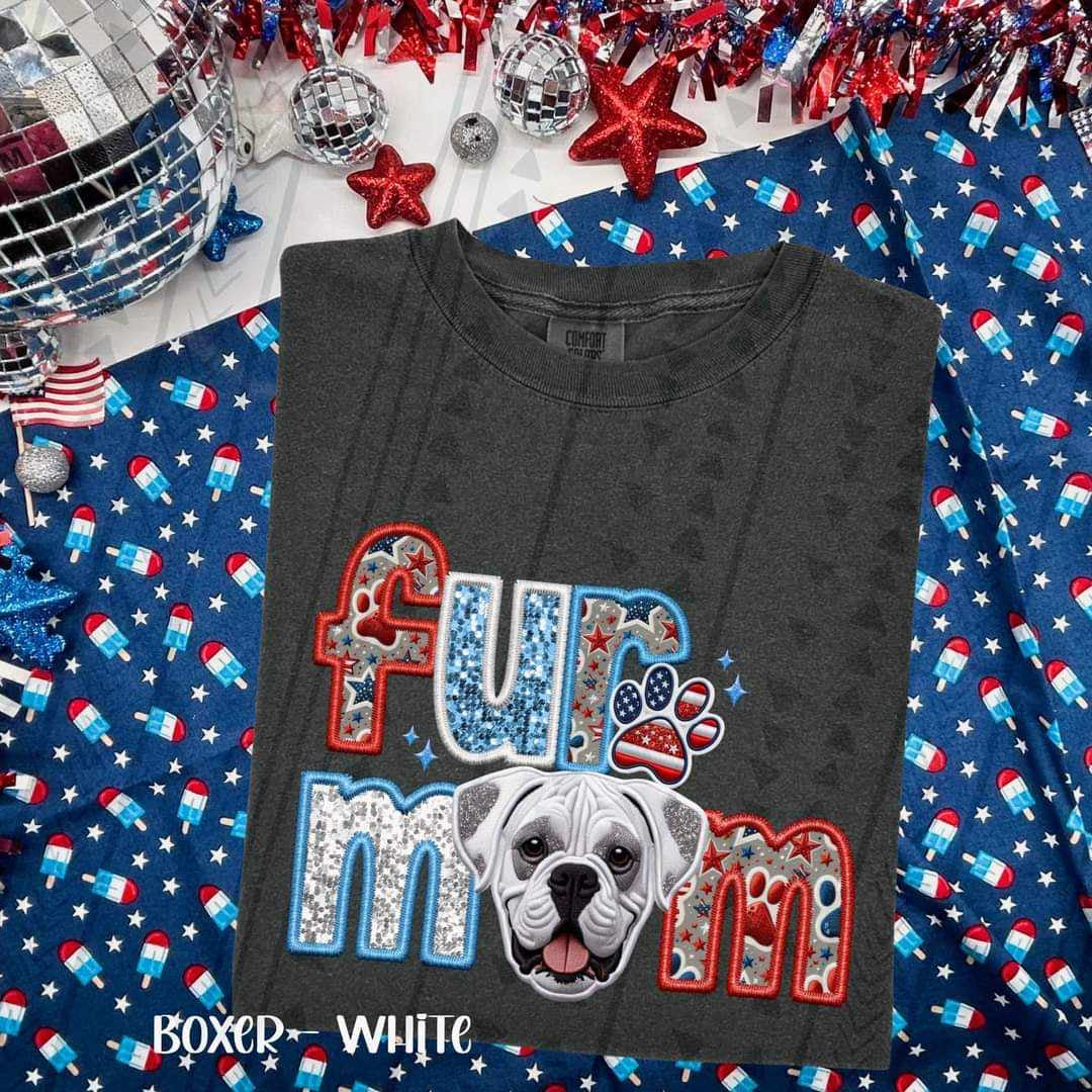 Fur mom white boxer patriotic embroidery 35731 DTF transfer