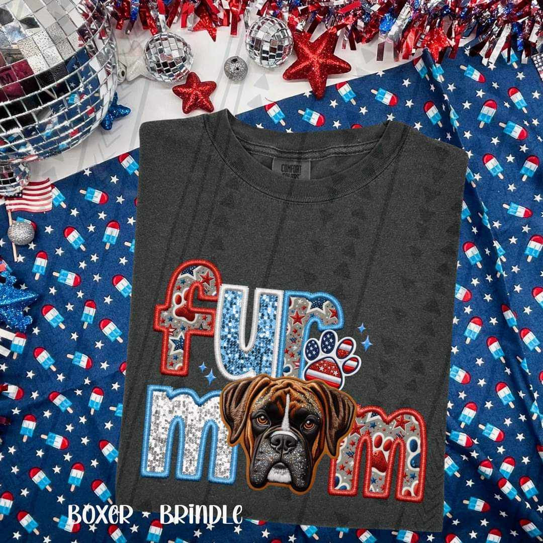 Fur mom brindle boxer patriotic embroidery 35730 DTF transfer