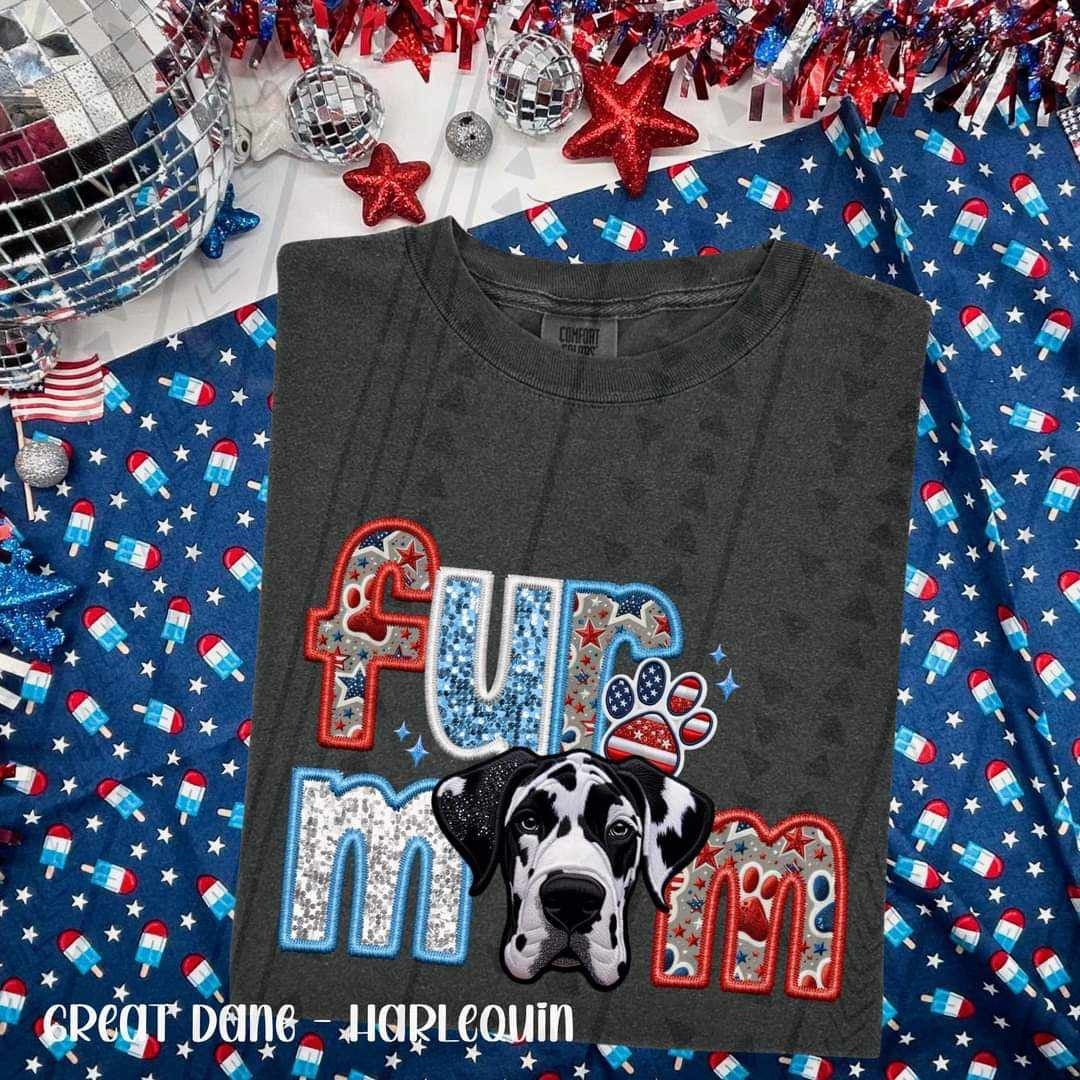 Fur mom harlequin great dane patriotic embroidery 35729 DTF transfer