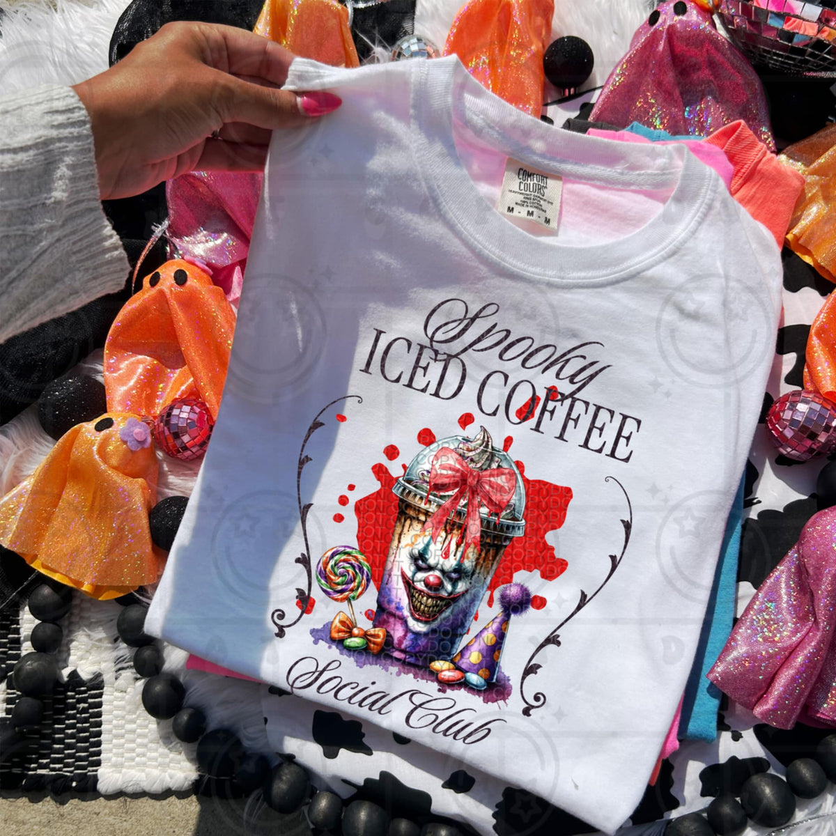 Spooky Iced Coffee Social Club with clown DTF transfer