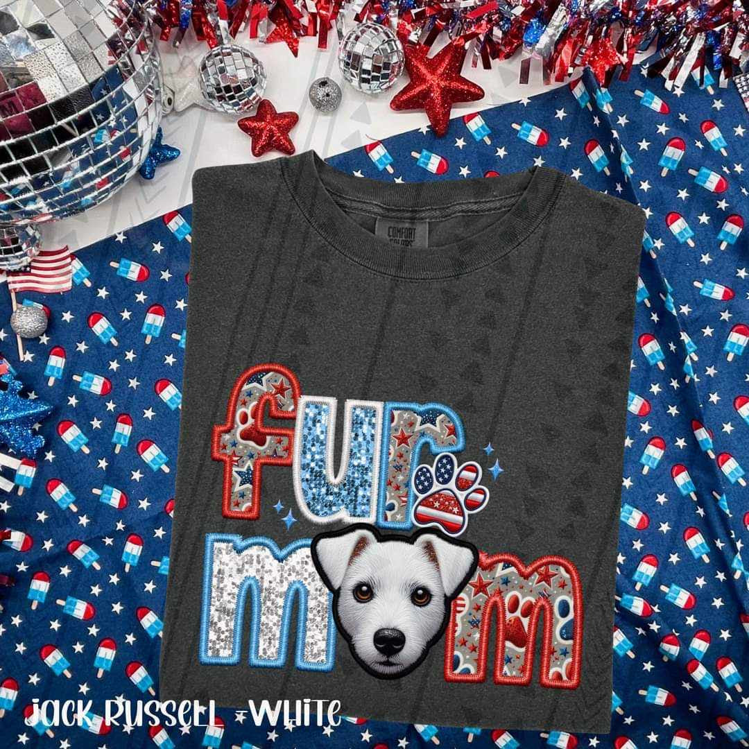 Fur mom white jack russel patriotic embroidery 35789 DTF transfer