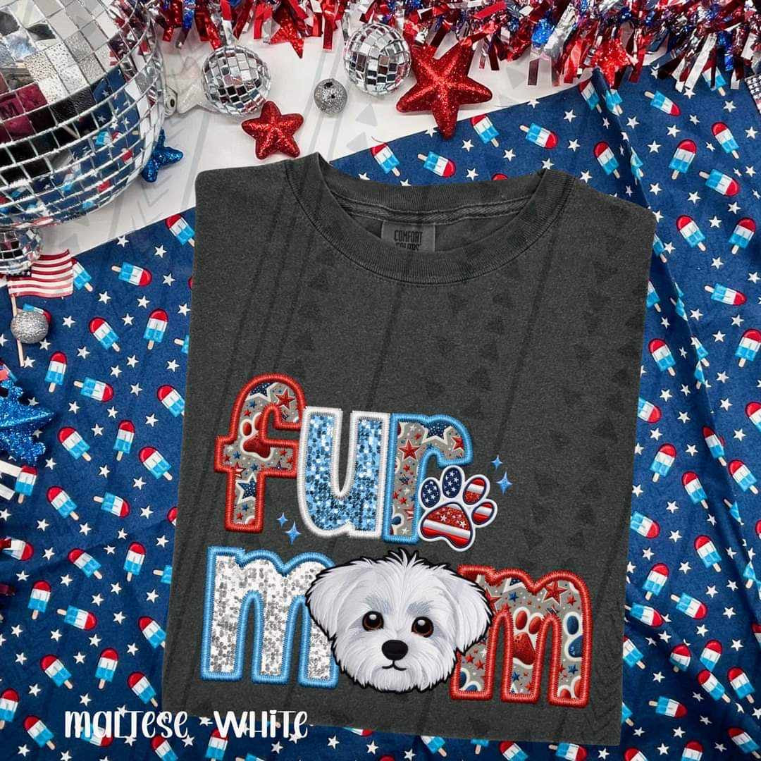 Fur mom white maltese patriotic embroidery 35788 DTF transfer