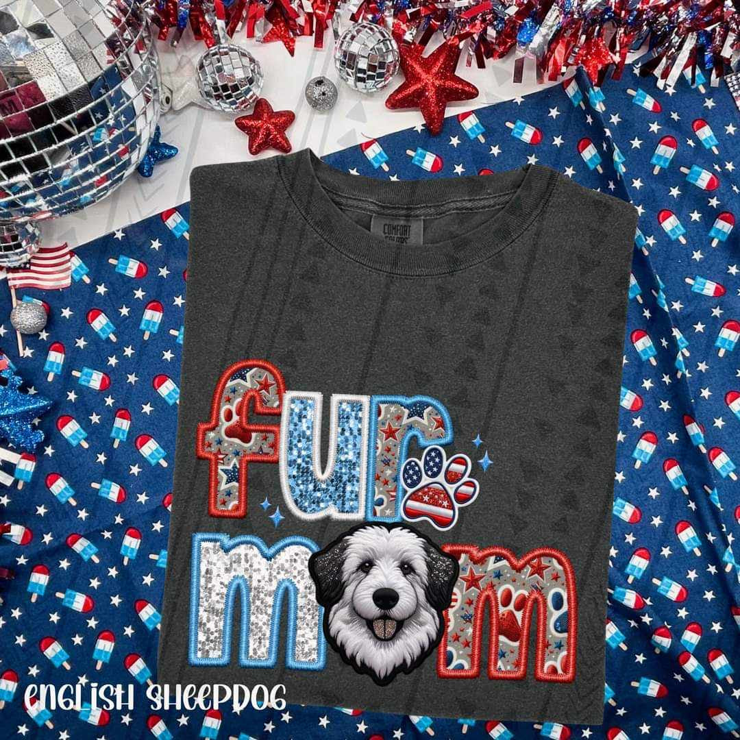 Fur mom english sheepdog patriotic embroidery 35783 DTF transfer