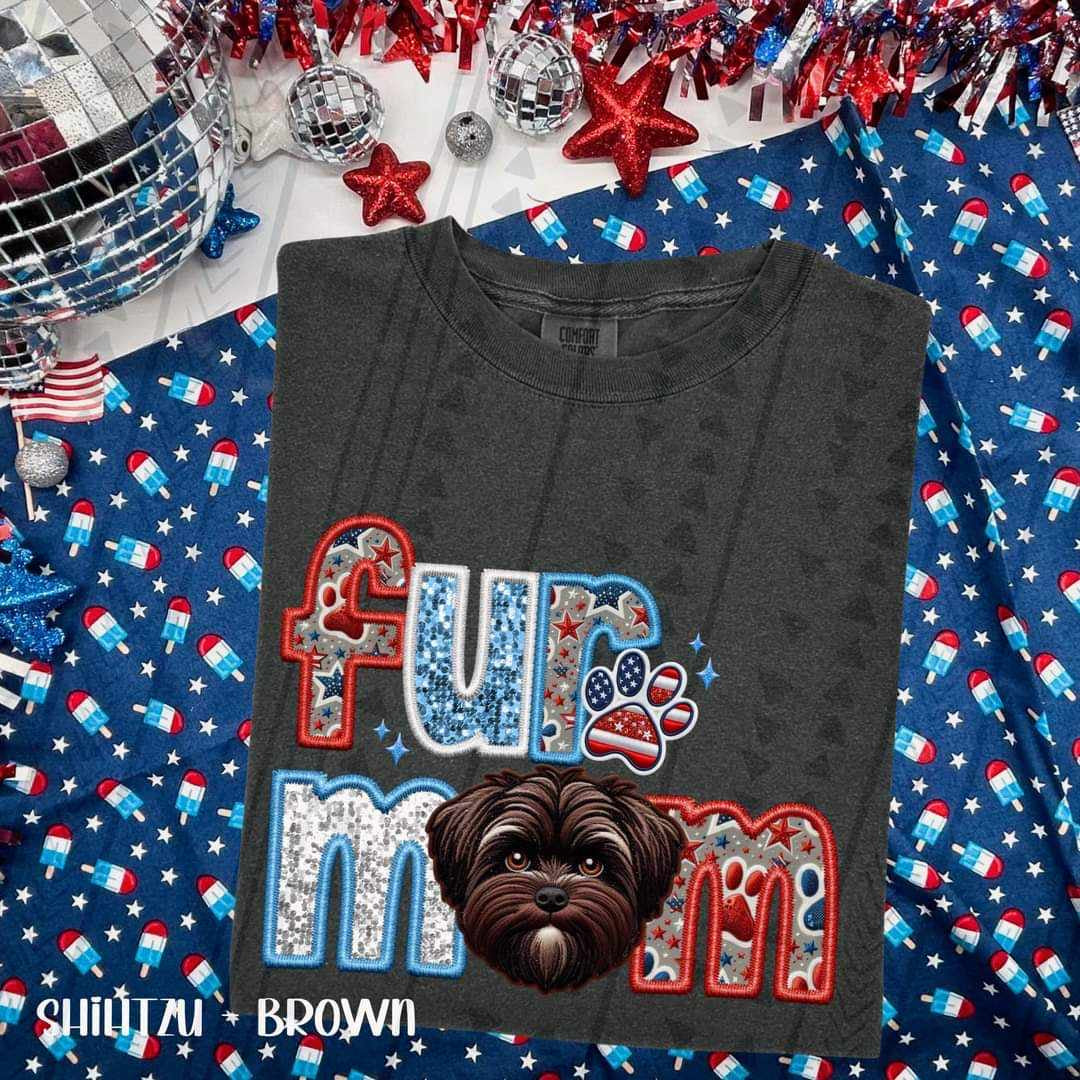 Fur mom brown shih tzu patriotic embroidery 35782 DTF transfer