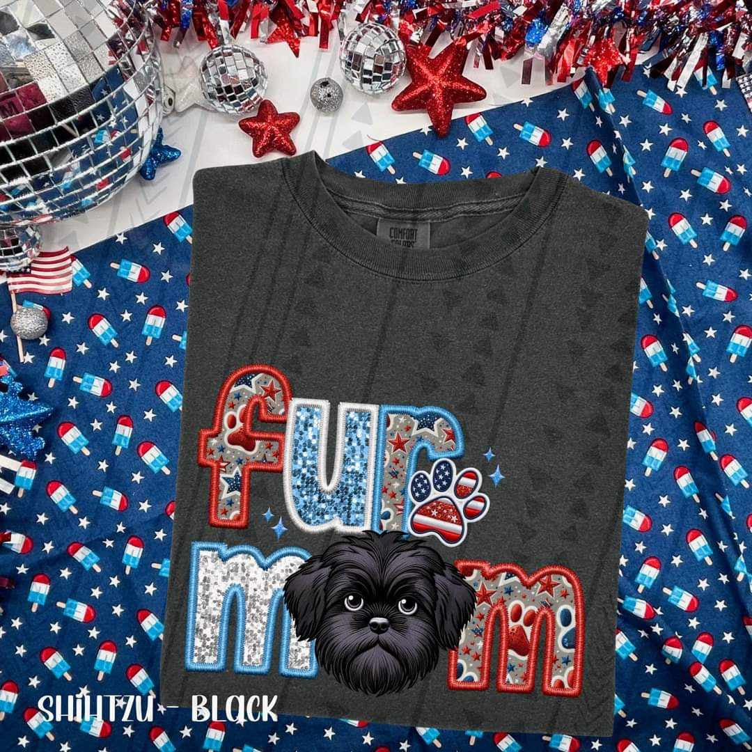 Fur mom black shih tzu patriotic embroidery 35779 DTF transfer