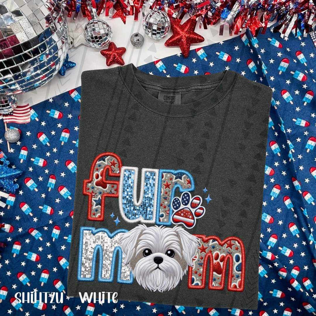 Fur mom white shih tzu patriotic embroidery 35778 DTF transfer