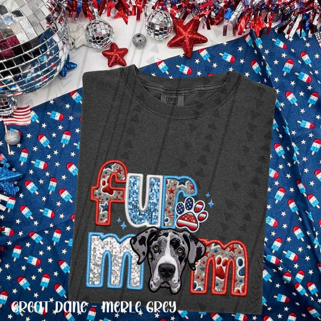 Fur mom merle grey great dane patriotic embroidery 35773 DTF transfer