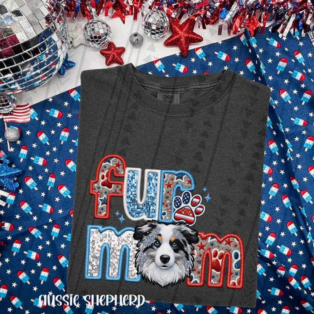 Fur mom aussie shephard patriotic embroidery 35770 DTF transfer
