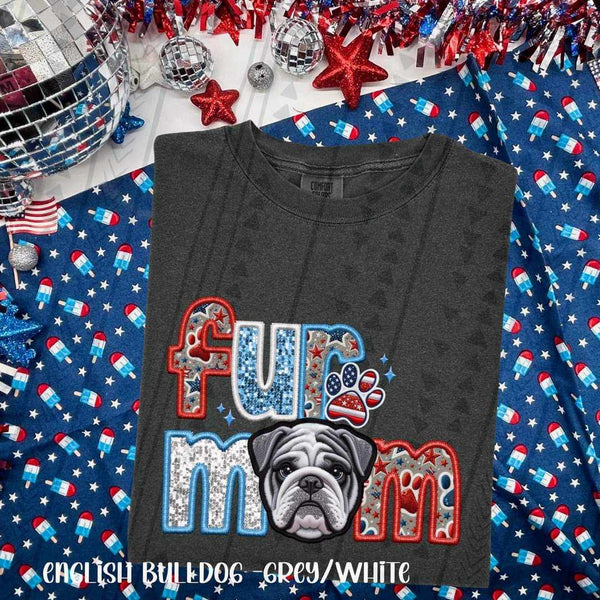 Fur mom hery white english bulldog patriotic embroidery 35764 DTF transfer