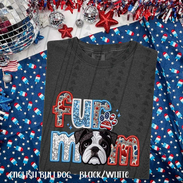 Fur mom black white english bulldog patriotic embroidery 35762 DTF transfer