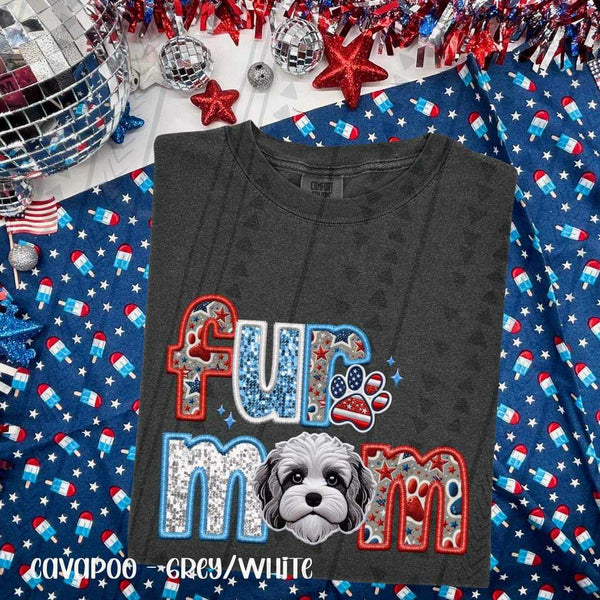 Fur mom grey white cavapoo patriotic embroidery 35759 DTF transfer