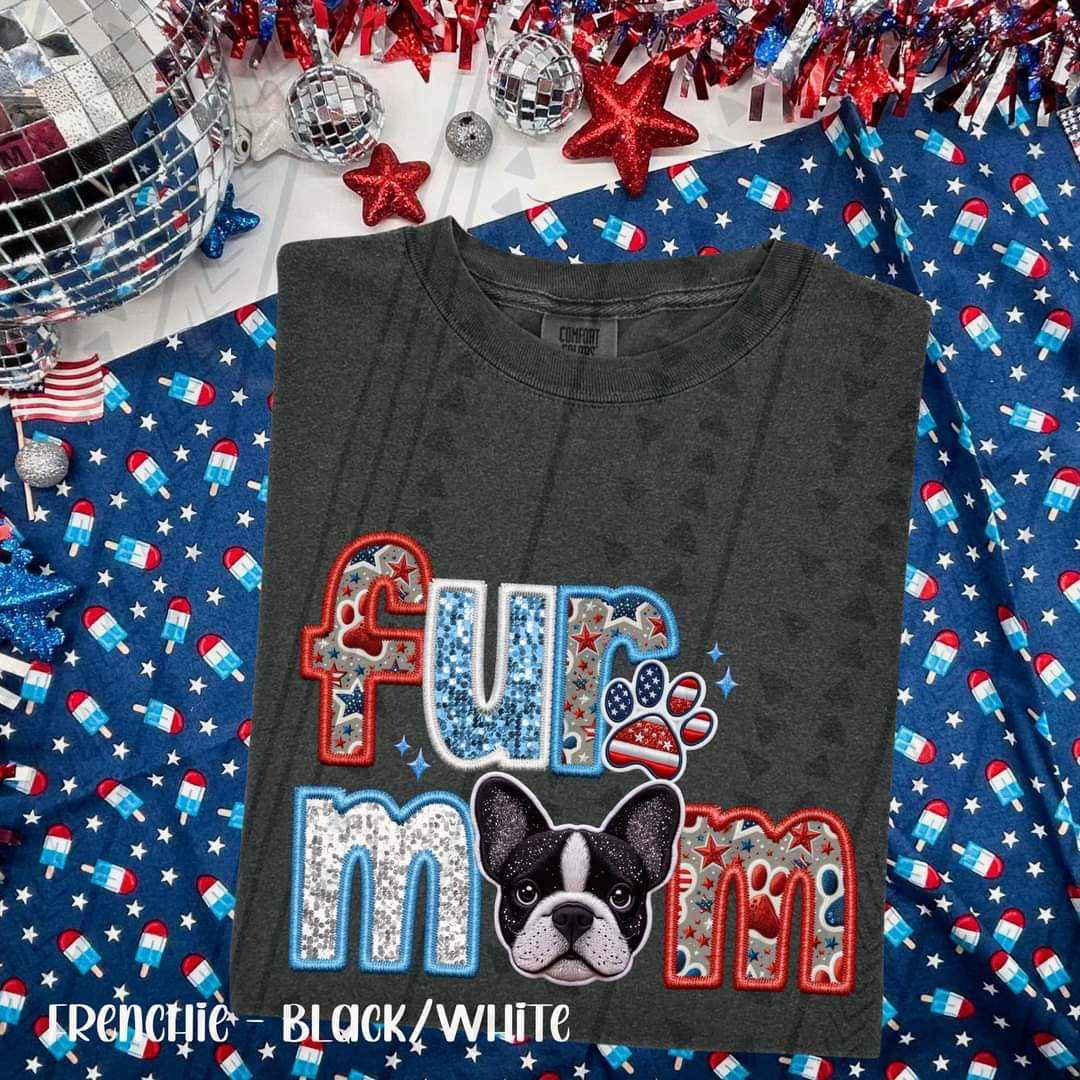 Fur mom black white frenchie patriotic embroidery 35758 DTF transfer