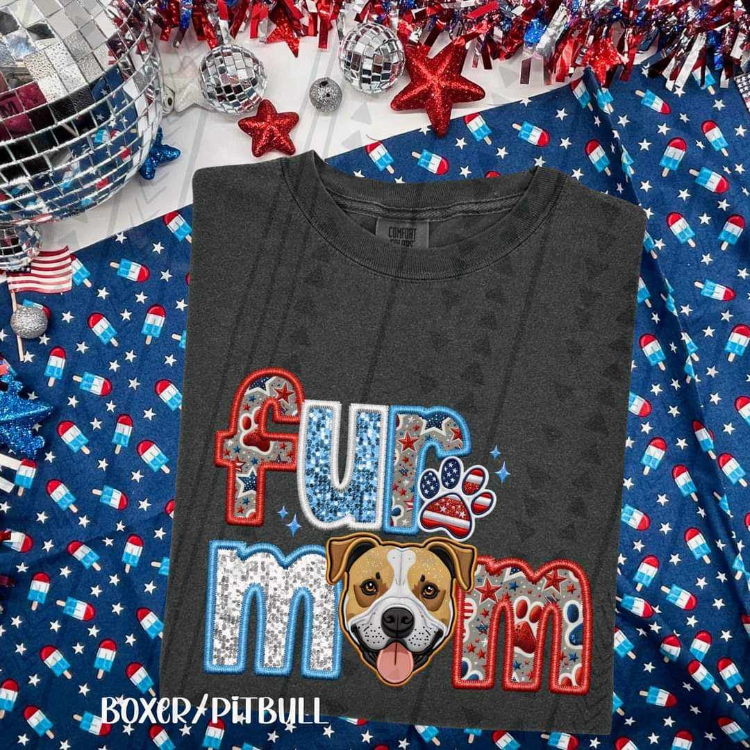 Fur mom boxer/pitbull patriotic embroidery 35757 DTF transfer