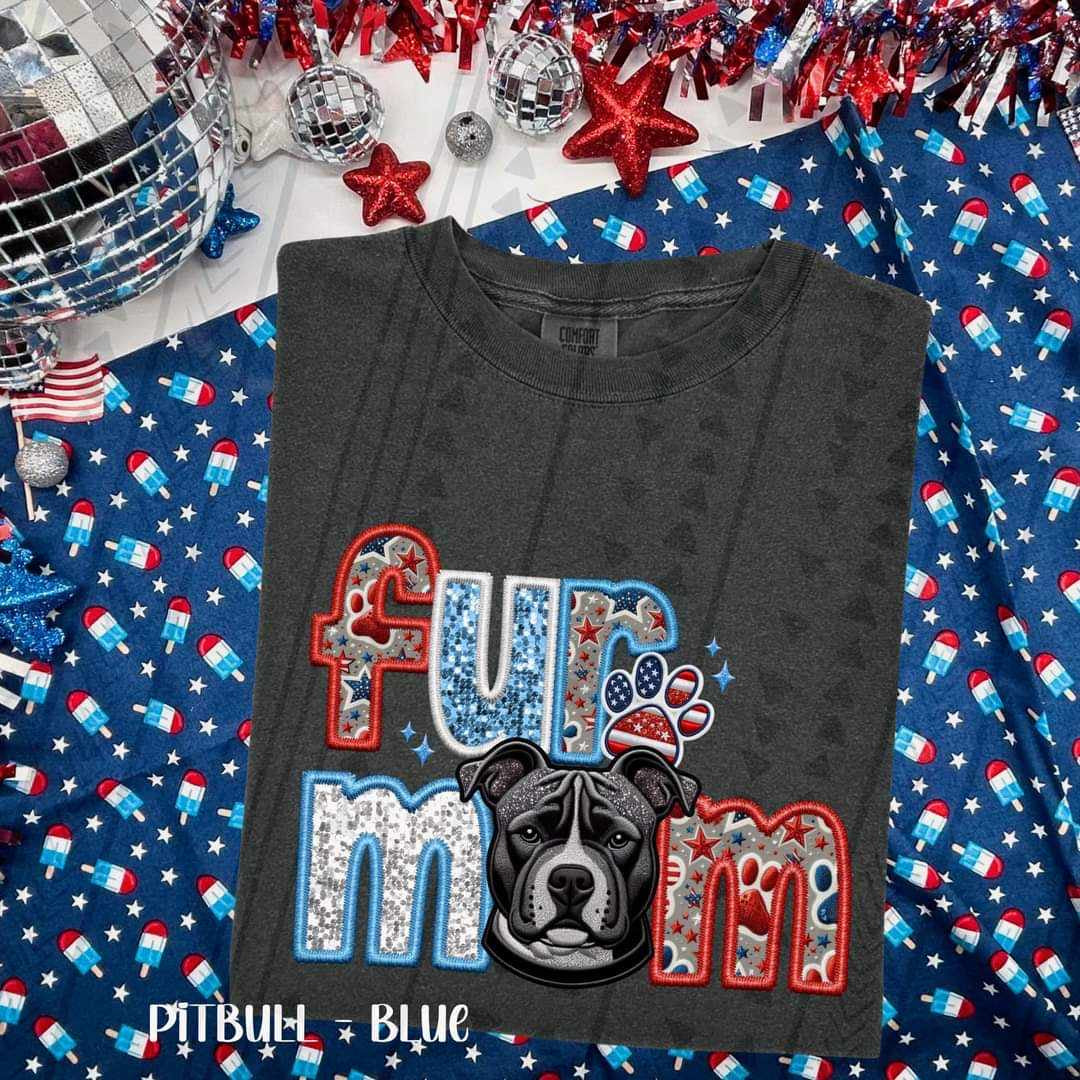 Fur mom blue pitbull patriotic embroidery 35756 DTF transfer