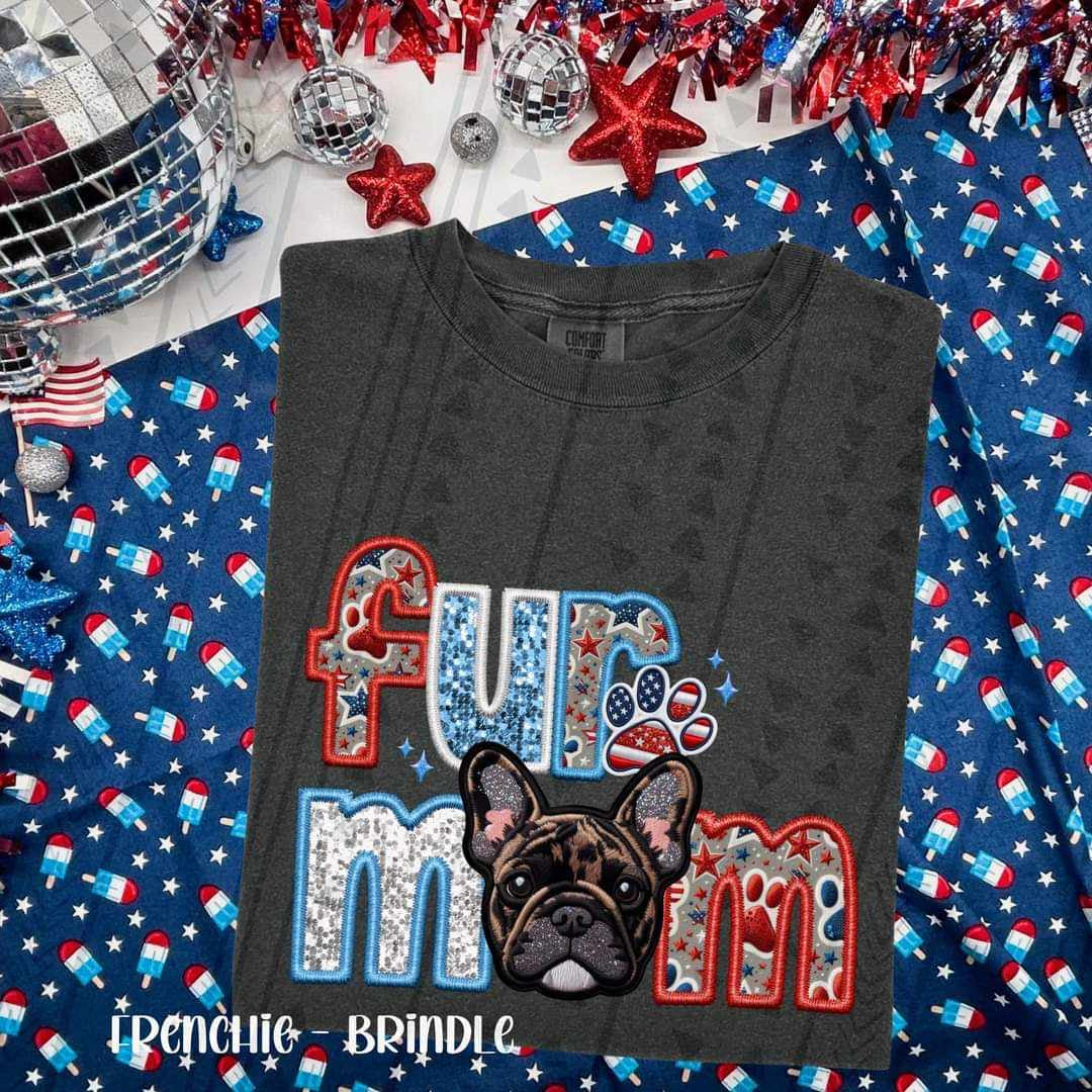 Fur mom brindle frenchie patriotic embroidery 35755 DTF transfer