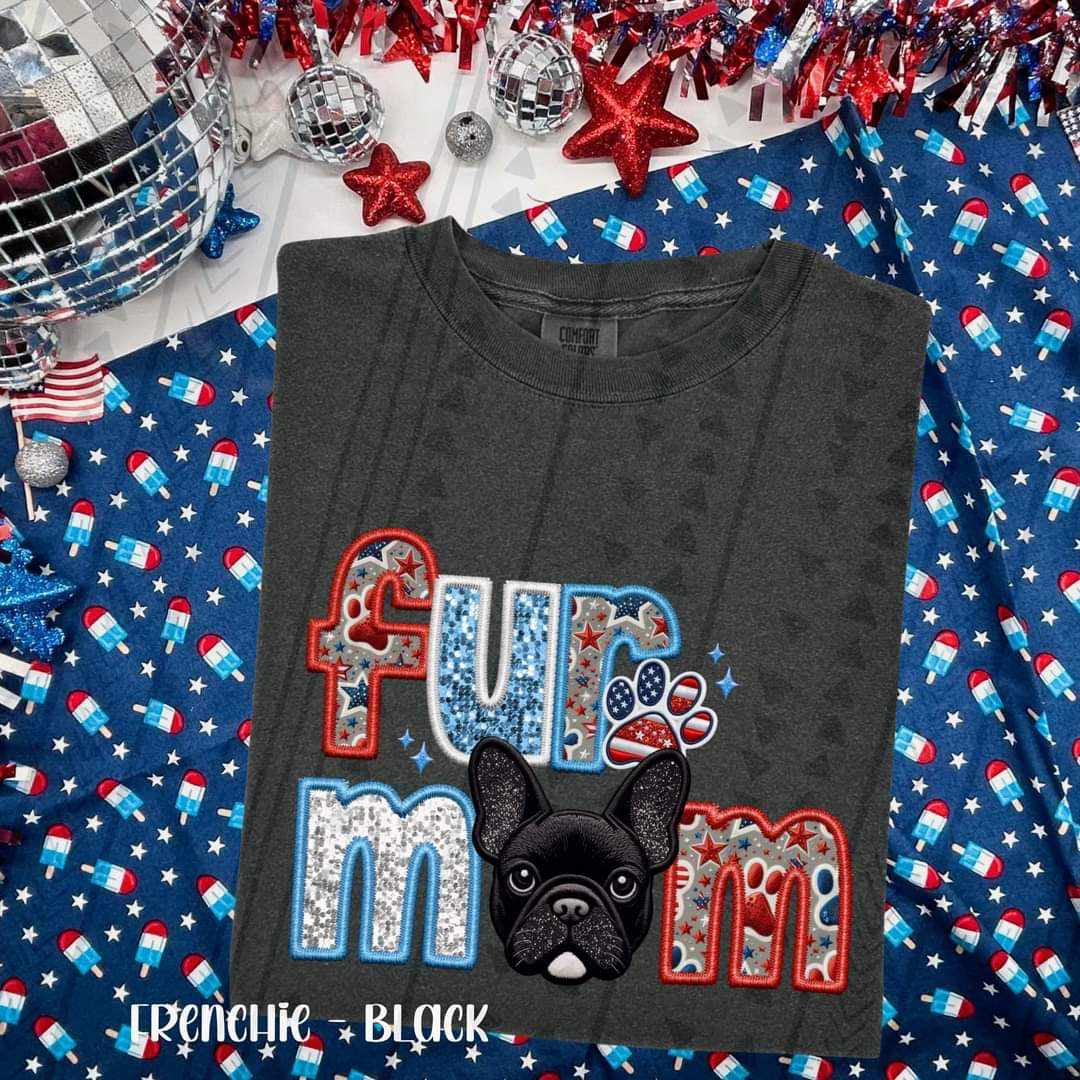 Fur mom black frenchie patriotic embroidery 35754 DTF transfer