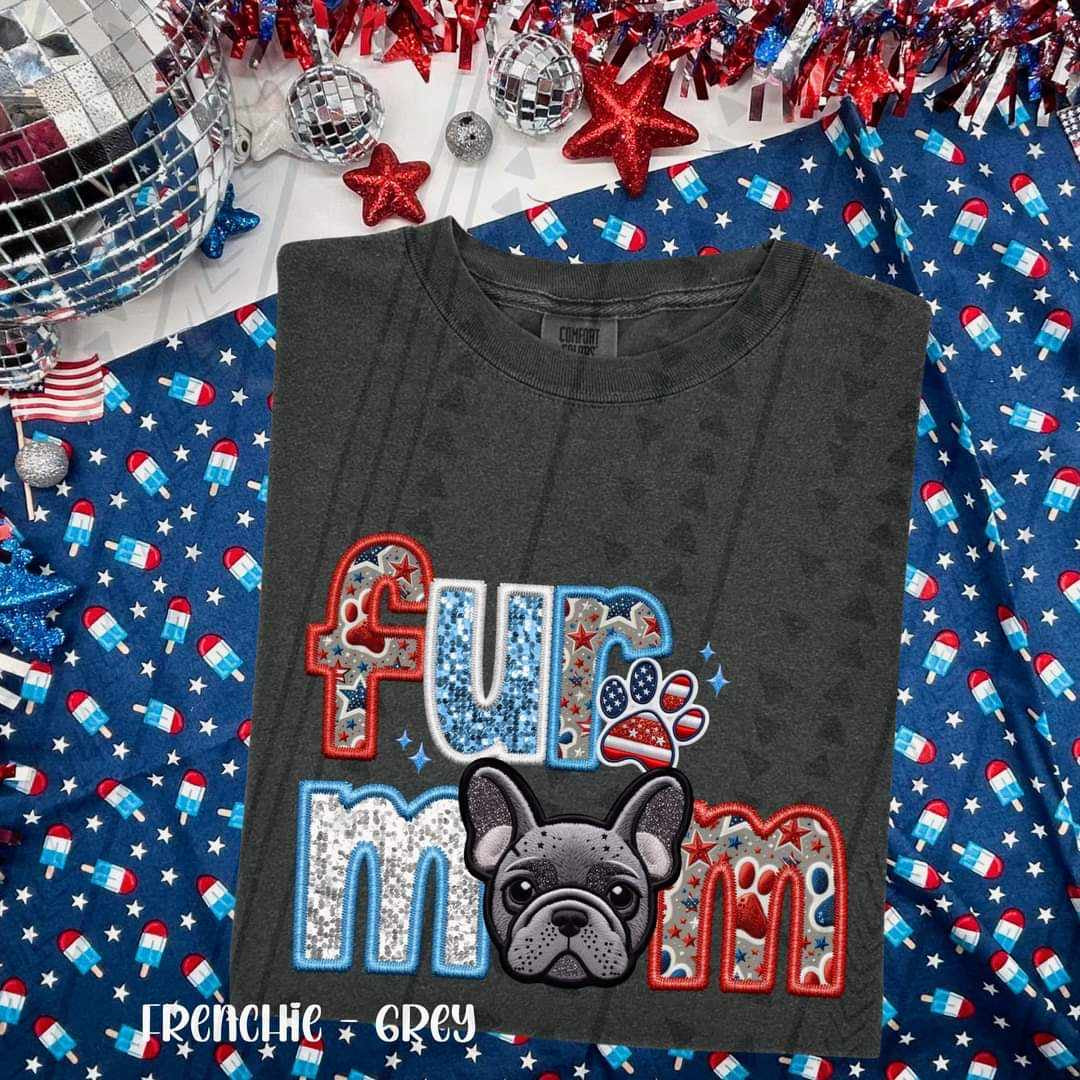 Fur mom grey frenchie patriotic embroidery 35753 DTF transferr