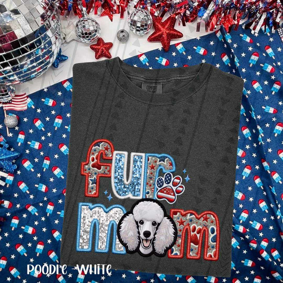 Fur mom white poodle patriotic embroidery 35790 DTF transfe