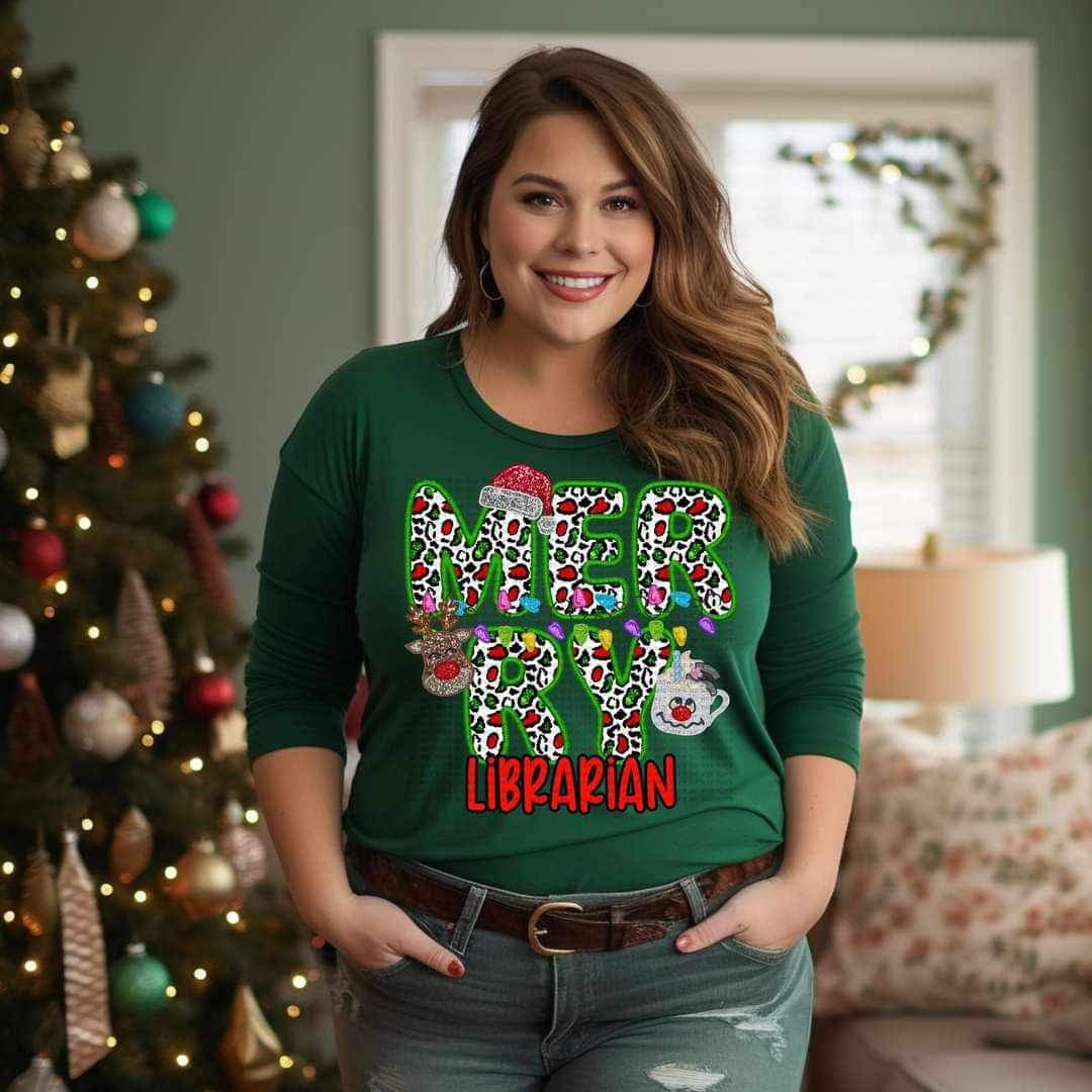 Merry librarian (reindeer, snowman, and santa hat ECHT) 15821 DTF Transfer