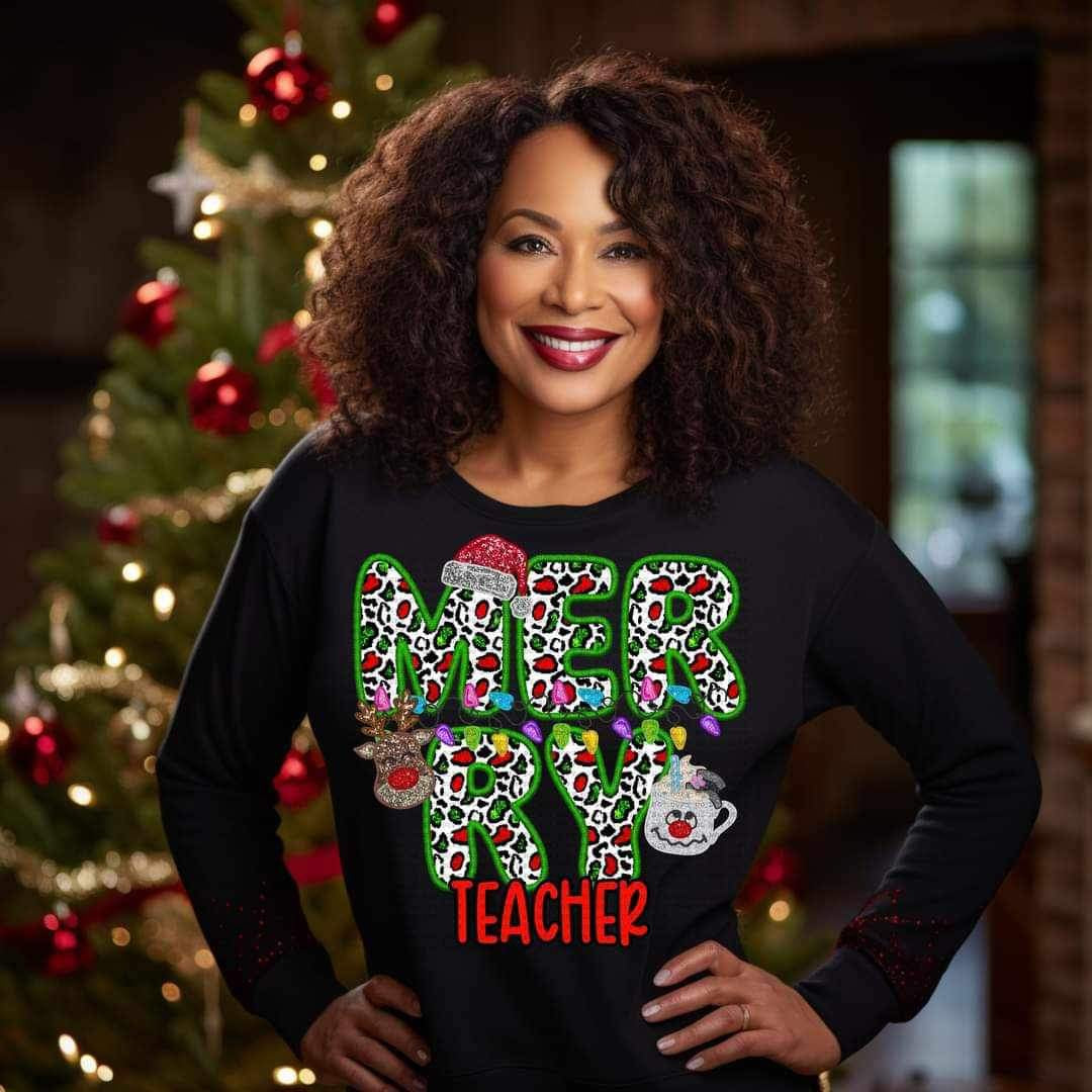 Merry teacher (reindeer, smowman, and santa hat ECHT) 15794 DTF Transfer