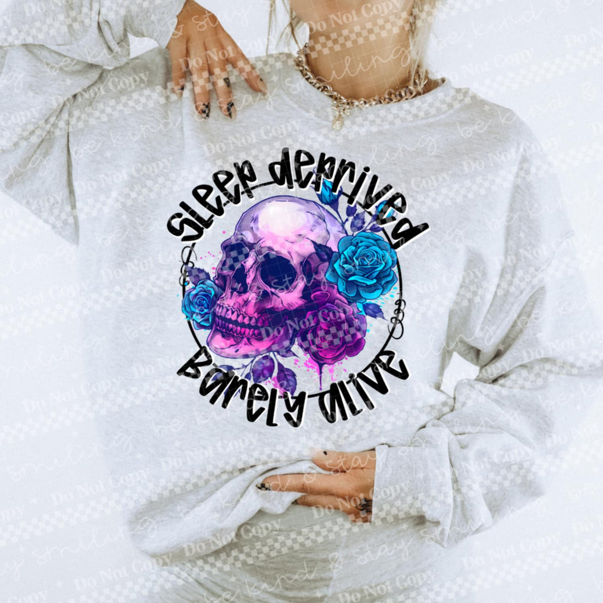 Sleep Deprived Barely Alive Blue Purple Skull DTF transfer